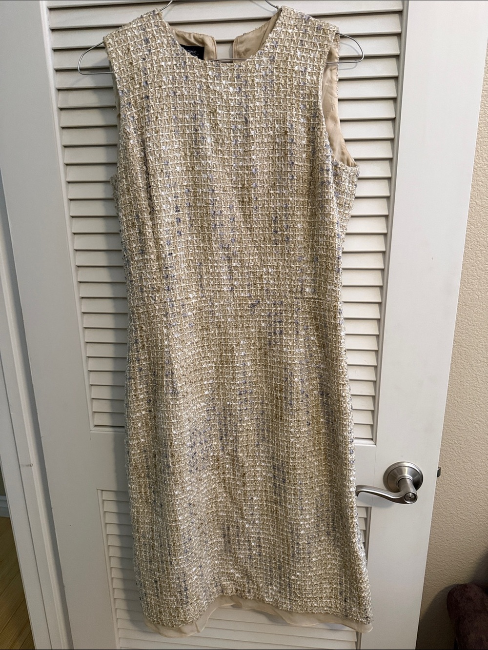 Sleeveless Metallic Tweed Midi Dress in Champagne